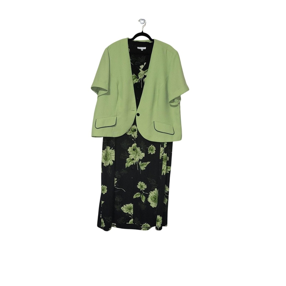 Dressbarn Woman 2pc Dress Jacket Set Womens 24W Green Black Floral Excellent Vtg